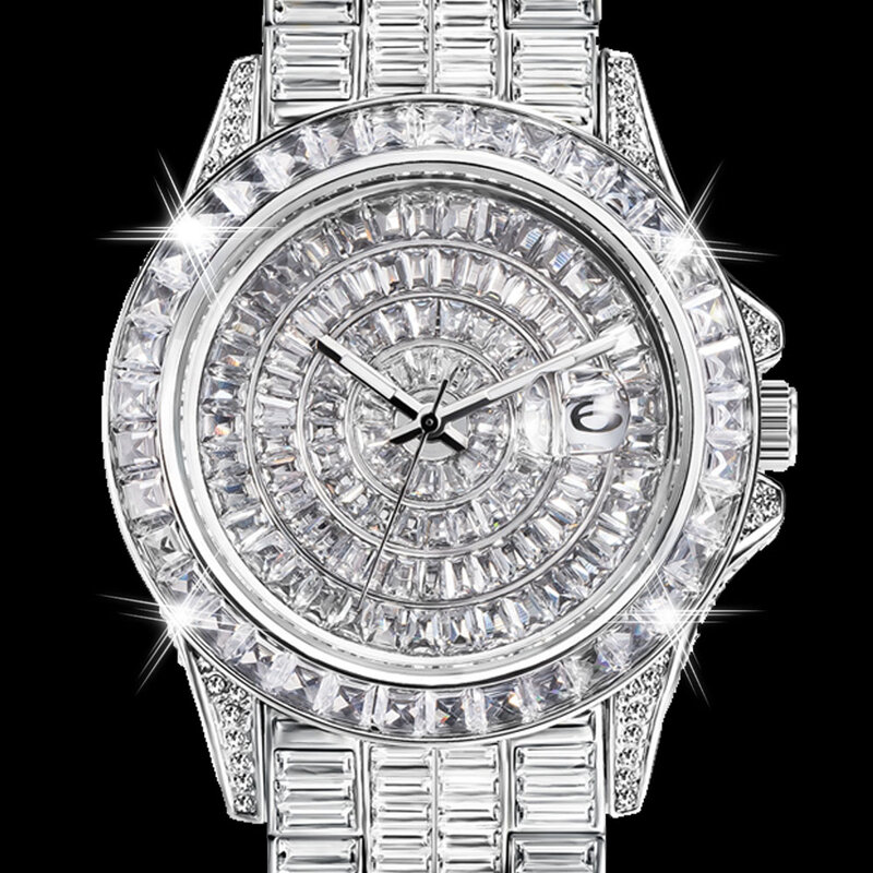 Montre en diamant entièrement baguette pour homme, montres à quartz glacé, hip hop, horloge masculine, étanche, argent, zones bre, livraison directe