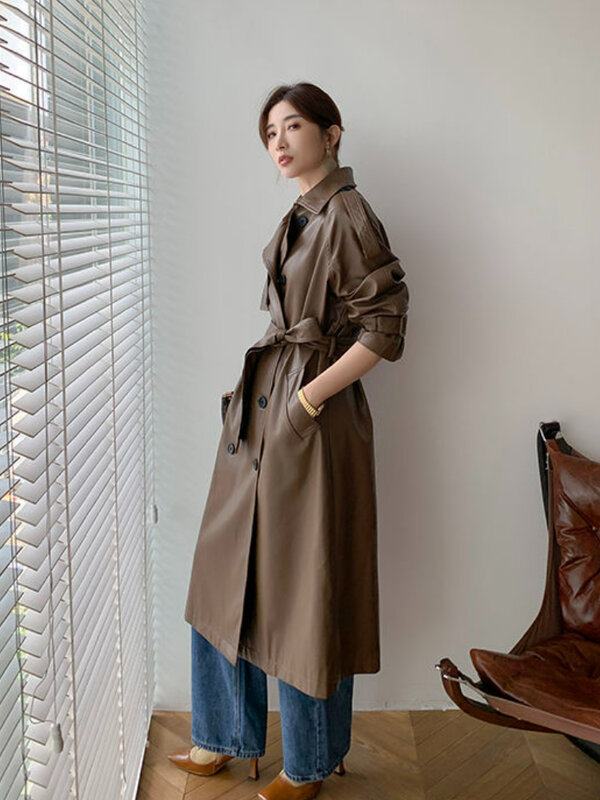 Gabardina larga de piel sintética para mujer, abrigo negro de doble botonadura, chaqueta de Moto de moda coreana, ropa de calle para mujer, abrigos elegantes