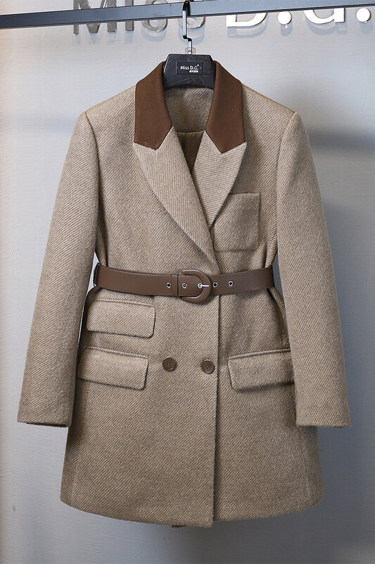 Casaco de lã de manga comprida feminino, roupas de inverno, contraste de cores, lapela, elegante, que tudo combina, senhora do escritório, moda, novo, 2023