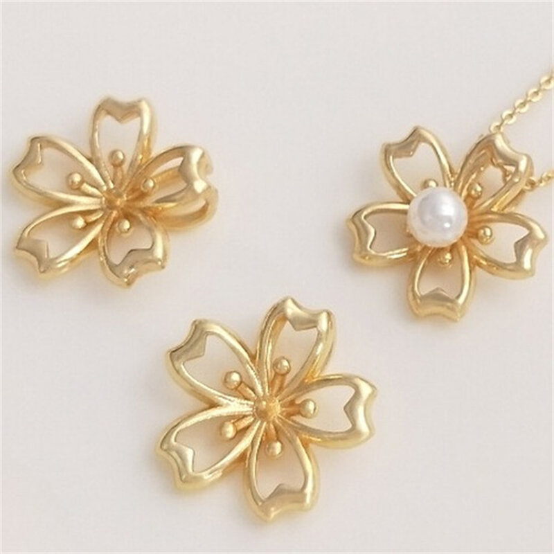 Colgante de collar de flor de cerezo lleno de oro de 14K, bandeja de perlas de cristal de medio agujero, accesorio de encanto hecho a mano DIY, Material K184