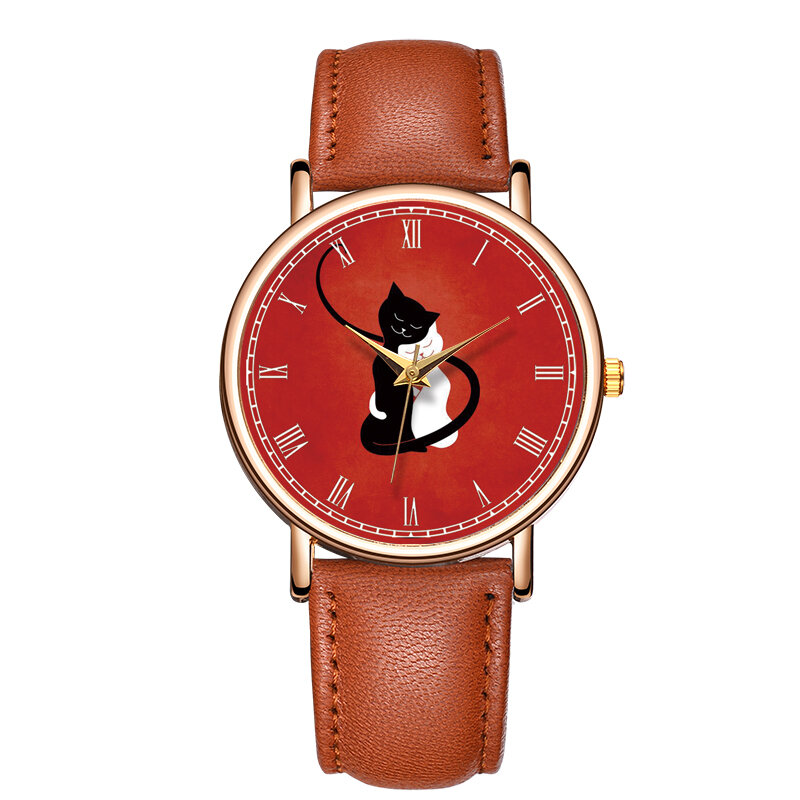 Relógio quartzo gato de couro genuíno para menina, relógio de pulso casual, branco e preto, fundo vermelho, impermeável, moda