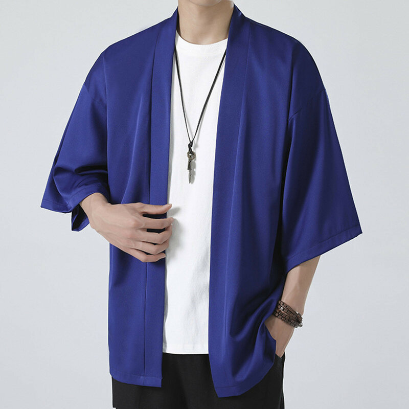Kardigan Kimono Jepang pria, jaket Luaran tipis longgar musim panas dan musim gugur warna polos