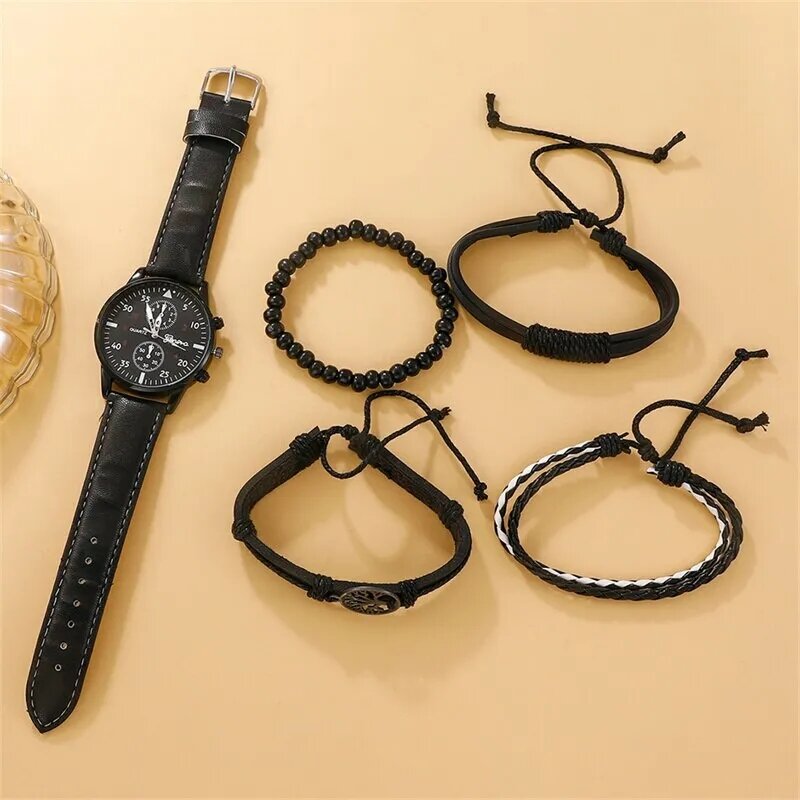 Conjunto de 5 piezas para Hombre, relojes de negocios a la moda, cuerda de mano de árbol de la vida negra, Reloj de cuarzo deportivo informal de lujo