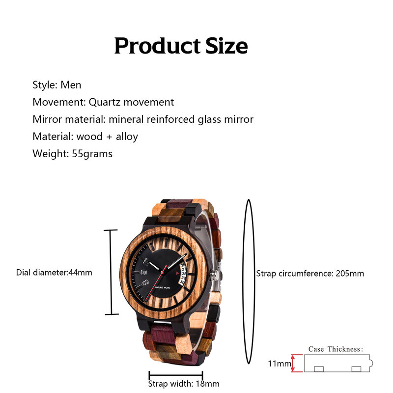 Relógio de pulso masculino com display e calendário, impermeável, resistente a riscos, pulseira de madeira, melhores presentes natalinos, moda