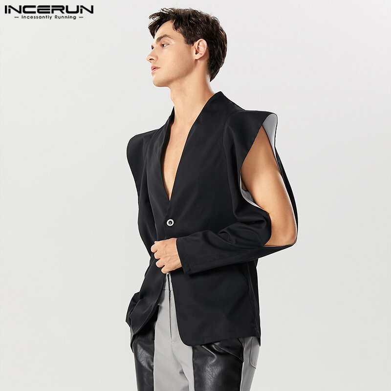 男性用incerun-oneボタンブレザー、不規則なスーツ、モノクロラペル、長袖、中空アウト、薄いコート、2021ファッション、S-5XL