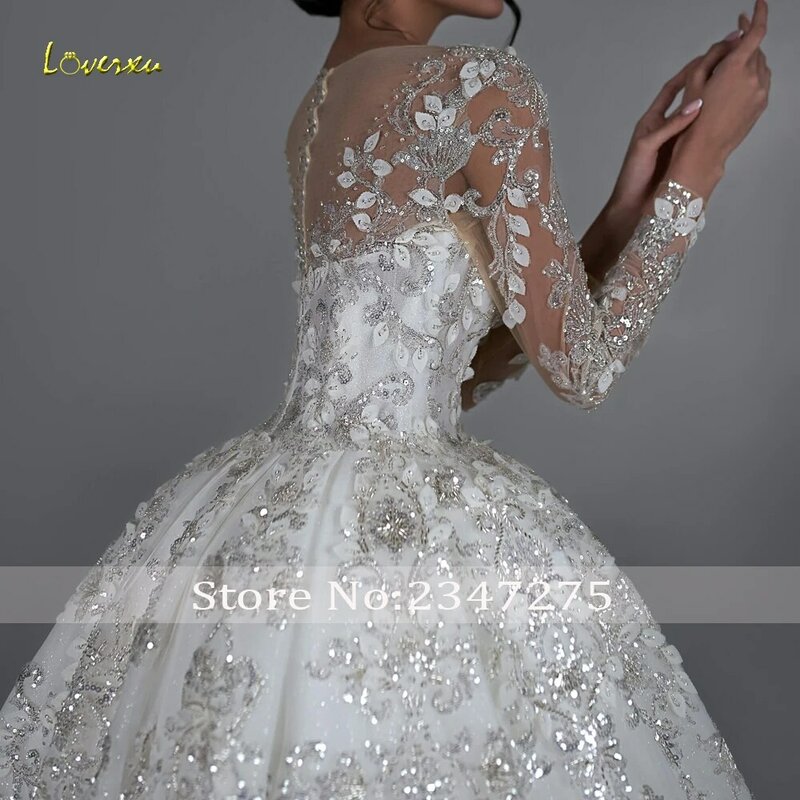 Loverxu 럭셔리 공주 웨딩 드레스, 2024 O-넥 긴팔 로브 드 마리 반짝이 레이스 비즈 볼 가운