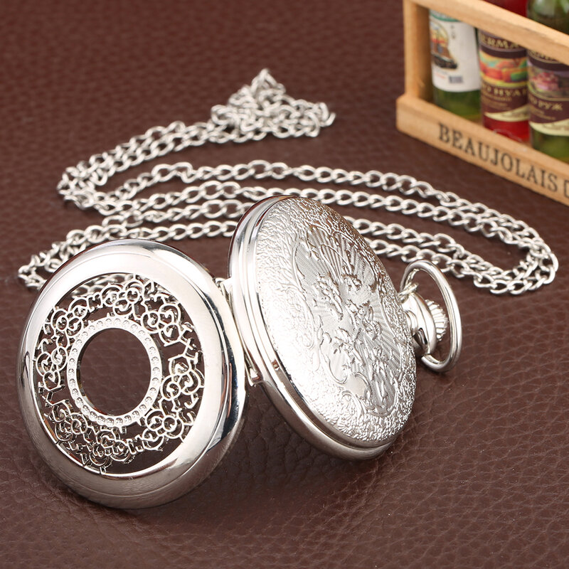 Reloj de bolsillo de plata y cuarzo para hombre y mujer, pulsera con diseño de flores con acabado dorado denso y hueco, elegante, cadena Fob, antiguo, regalo