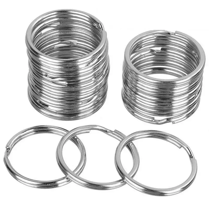Llaveros de acero inoxidable y hierro para fabricación de joyas, llavero de línea plana redonda, Plata pulida, color negro, 10/24 piezas