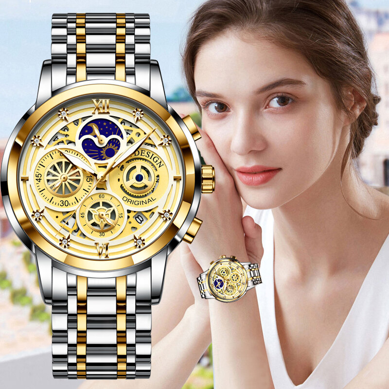 LIGE-Reloj con correa de acero dorado para mujer, dispositivo para medir la hora resistente al agua, pulsera de oro rosado, accesorio de lujo y calidad superior, regalo para mujeres