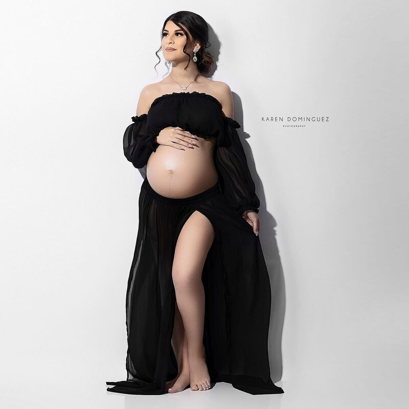 Artystyczna sesja zdjęciowa sukienka ciążowa wygodna odzież ciążowa bawełna lniana Retro Top z odkrytymi ramionami duża spódnica