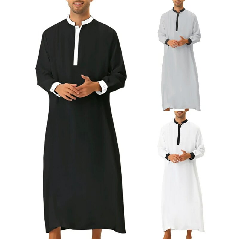Robe de poliéster de manga comprida decote V masculino, preto, cinza, branco, novo, cor contraste, moda muçulmana, mais novo, 2023