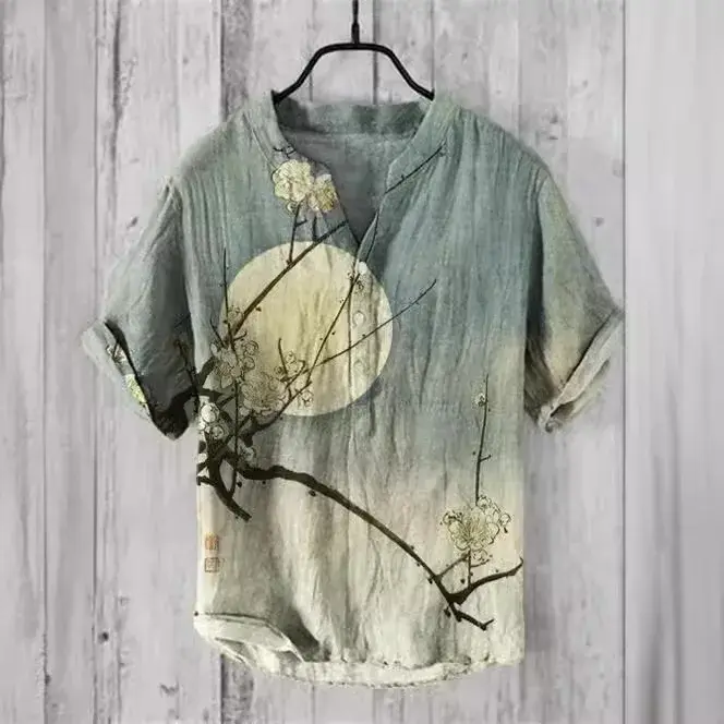 3D impresso bambu linho camisa, manga curta, pulôver abotoado, camisa solta casual, novo, 2024