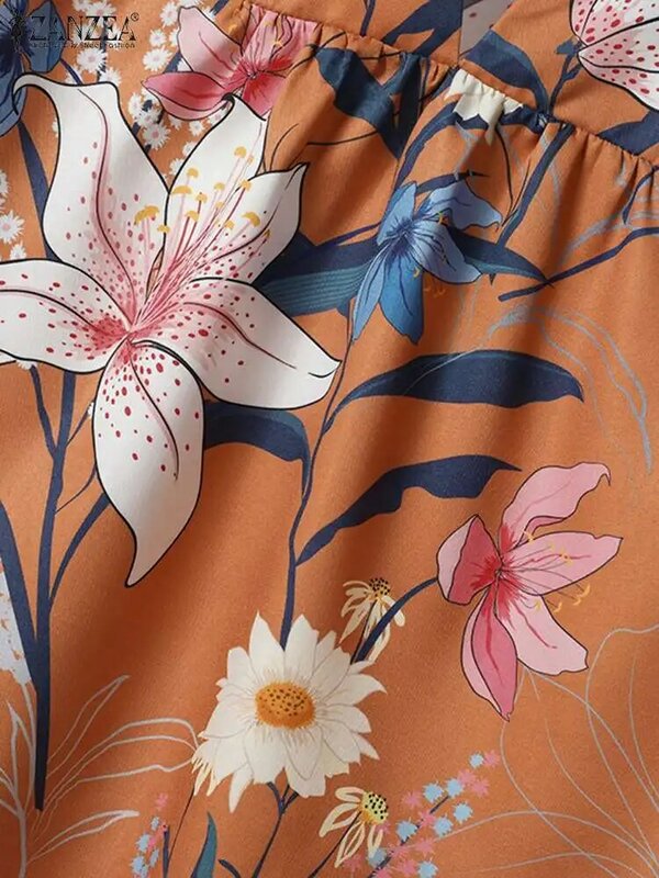 Комплект ZANZEA женский летний из 2 предметов, блузка с коротким рукавом и цветочным принтом, брюки с широкими штанинами, повседневный комплект оверсайз, 2024