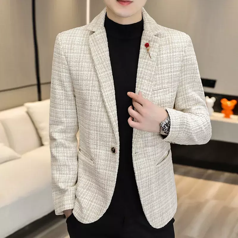 HOO-blazer jacquard xadrez masculino, bonito moda juvenil, blazer que tudo mistura, outono e inverno, novo, 2024