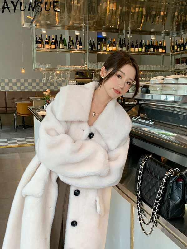 AYUNSUE 100% Sheep Shearing Jacket Women New Winter Long Wool Fur Coat Women Korean Fashion Wool Jackets and Coats Navy Collar