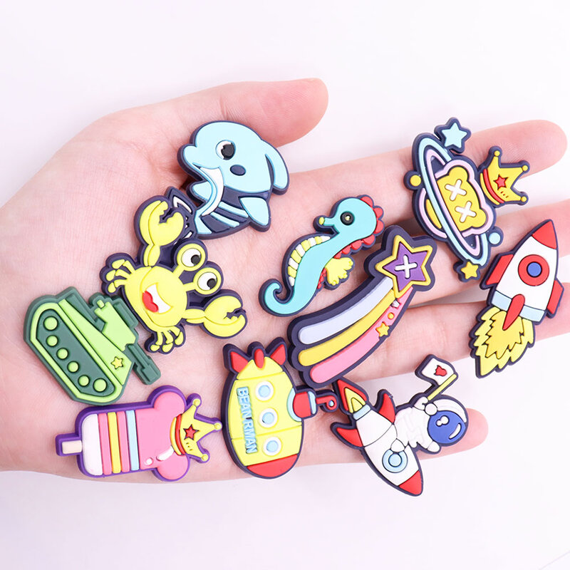 New Arrival 1pcs Shoe Charms Astronaut Spaceship Rocket Planet Accessories PVC Kids Shoes Buckle Fit Wristbands Birthday Present