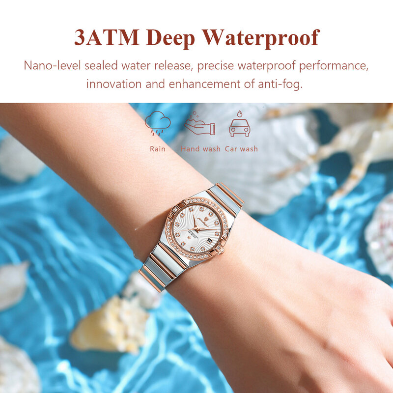 POEDAGAR-Relógio de pulso de luxo feminino, impermeável, luminoso, data, aço inoxidável, alta qualidade, quartzo, relógios + caixa, senhoras