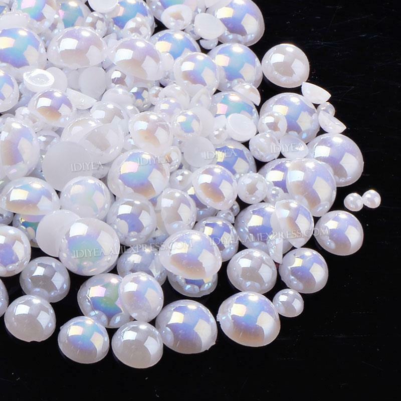 Perlas de imitación AB para decoración de uñas, perlas semiredondas, parte posterior plana, purpurina de plástico ABS, color blanco, Beige, marfil, 2-10mm