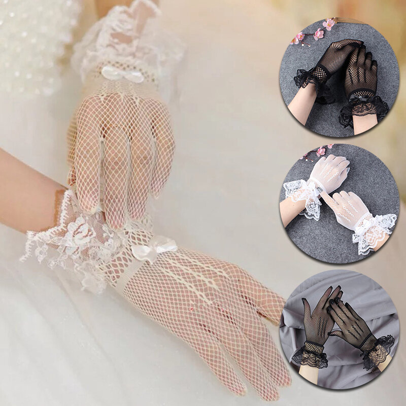 Gants de mariée en résille transparente avec nœud en dentelle pour femme, mitaines à doigts complets, gants en maille pour mariage, cosplay d'Halloween, 1 paire
