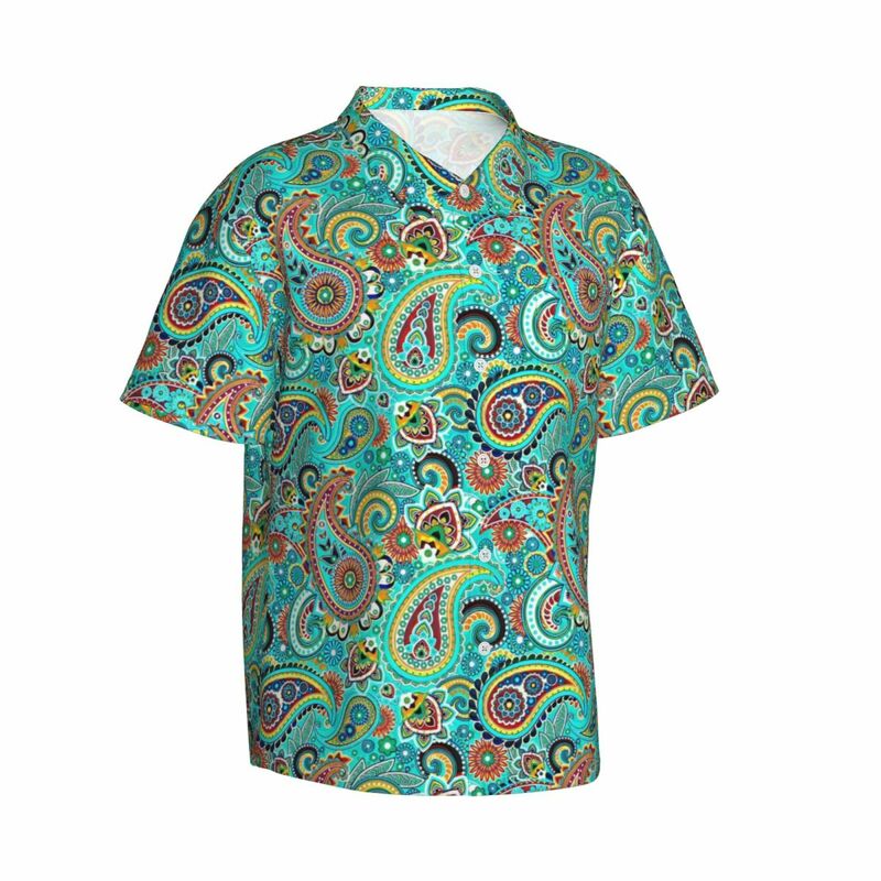 قميص هاواي بيزلي ملون للرجال ، طباعة عتيقة للشاطئ ، قمصان غير رسمية ، أكمام قصيرة ، تصميم هاراجاك ، بلوزات كبيرة الحجم