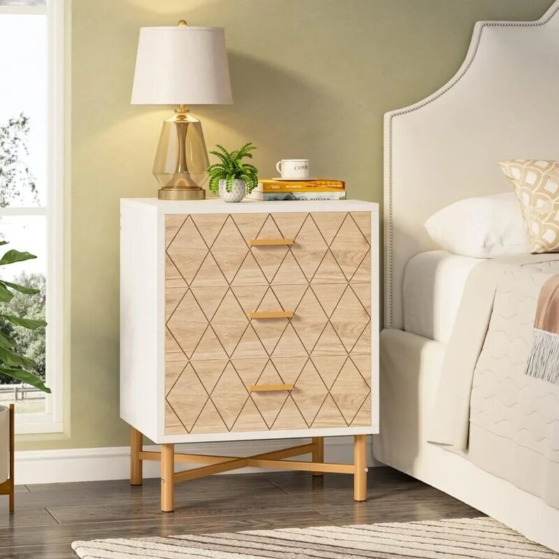 Mid-century Modern Bedside Table With Storage Space With Gold Metal Legs Bedroom 3 Drawer Bedside Tables Furniture Home