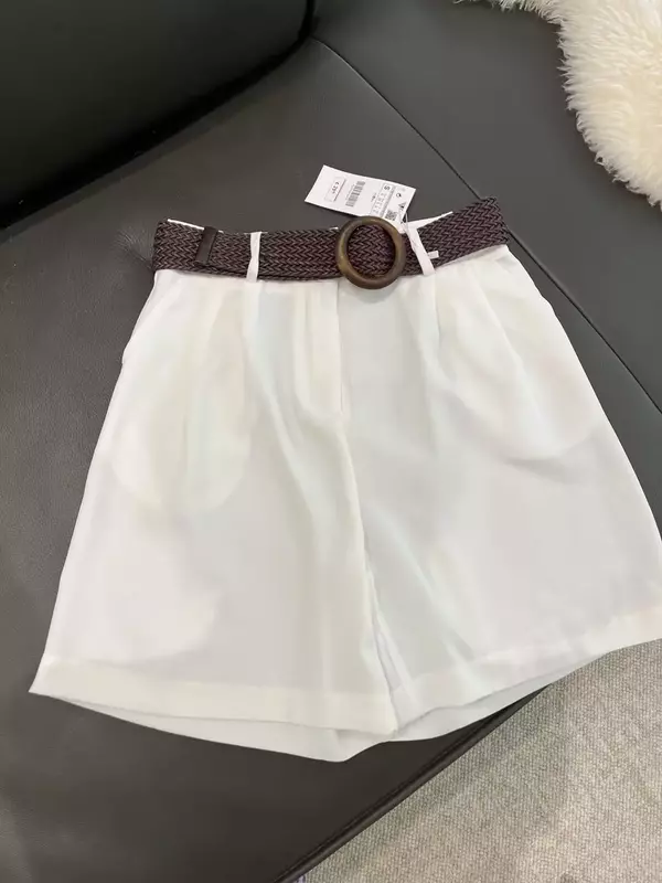 Women 2023 New Chic Pleated leisure with belt short Pants Vintage High Waist Side Pockets Female Short Pants Pantalones Mujer