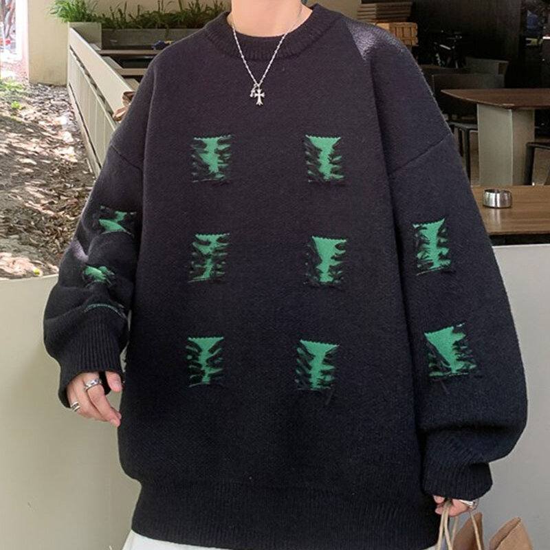 Пуловеры мужские свободные вязаные повседневные теплые осенне-зимние с круглым вырезом потертые подростковые в японском стиле Модные парные уличные