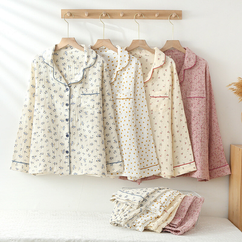 Conjunto de pijama con estampado de flores para mujer, ropa de noche de gasa de doble capa, 100% algodón, con textura bonita y fresca, para otoño