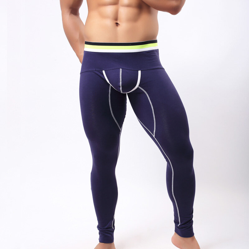 กางเกงผู้ชายขายาวผ้าคอตตอนระบายความร้อนเข้ารูปเซ็กซี่ใหม่กางเกงนอน9จุดยืดสีพื้น