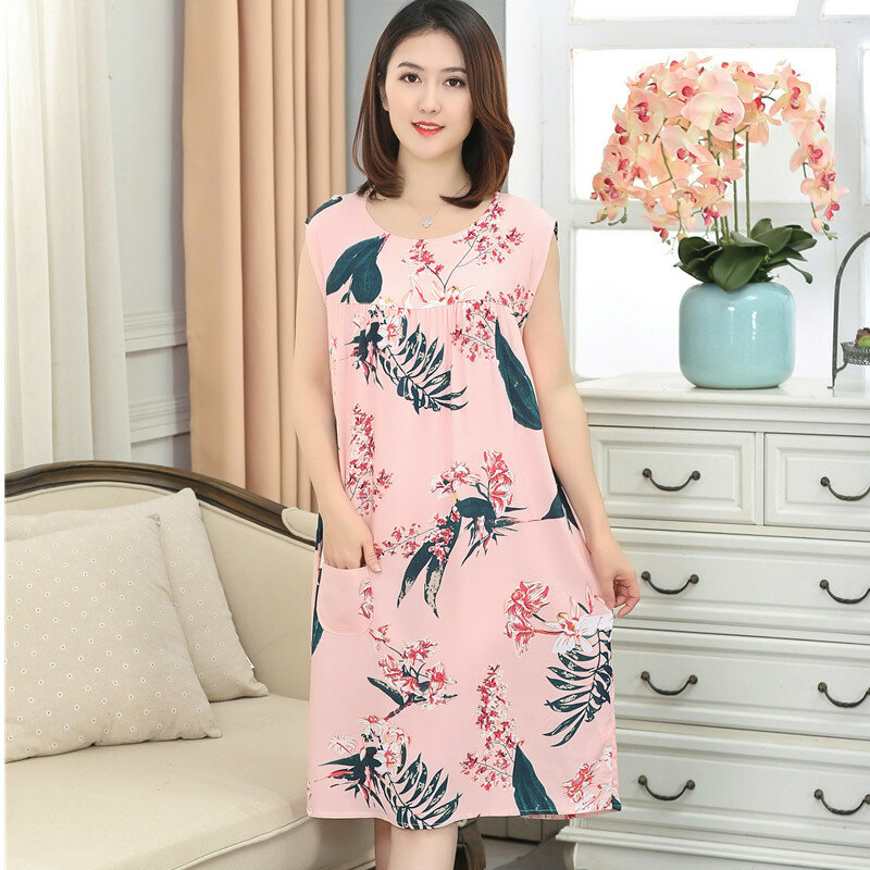Elegant Flower Print Women Vest Nightgowns Woven Cotton Night Dress Casual Home Dress Night Shirt Sleepwear Nightwear 4XL
