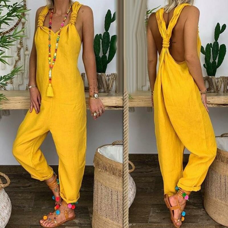 Women Backless Dungarees Solid Color Sleeveless Jumpsuit Overall Bib Knotted Dungarees