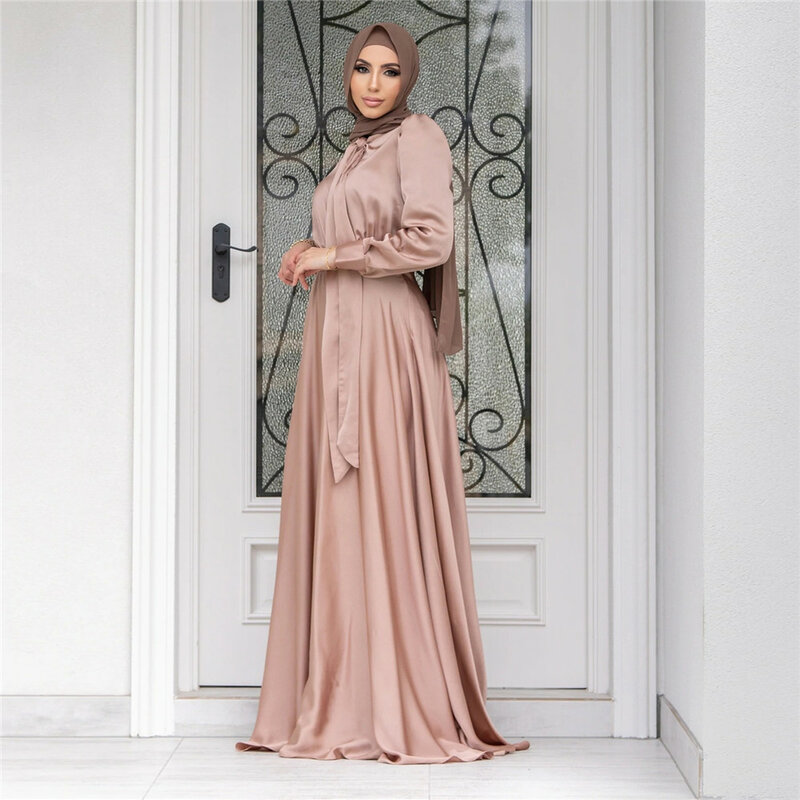 Gaun Maxi panjang Muslim untuk wanita Satin gaun pakaian Islami Turki Arab pakaian pesta Dubai jubah Kaftan Muslim wanita