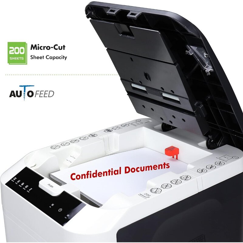 Aurora-trituradora de papel de microcorte de alta seguridad, grado comercial, 200 hojas, alimentación automática, 60 minutos, nivel de seguridad, P-5