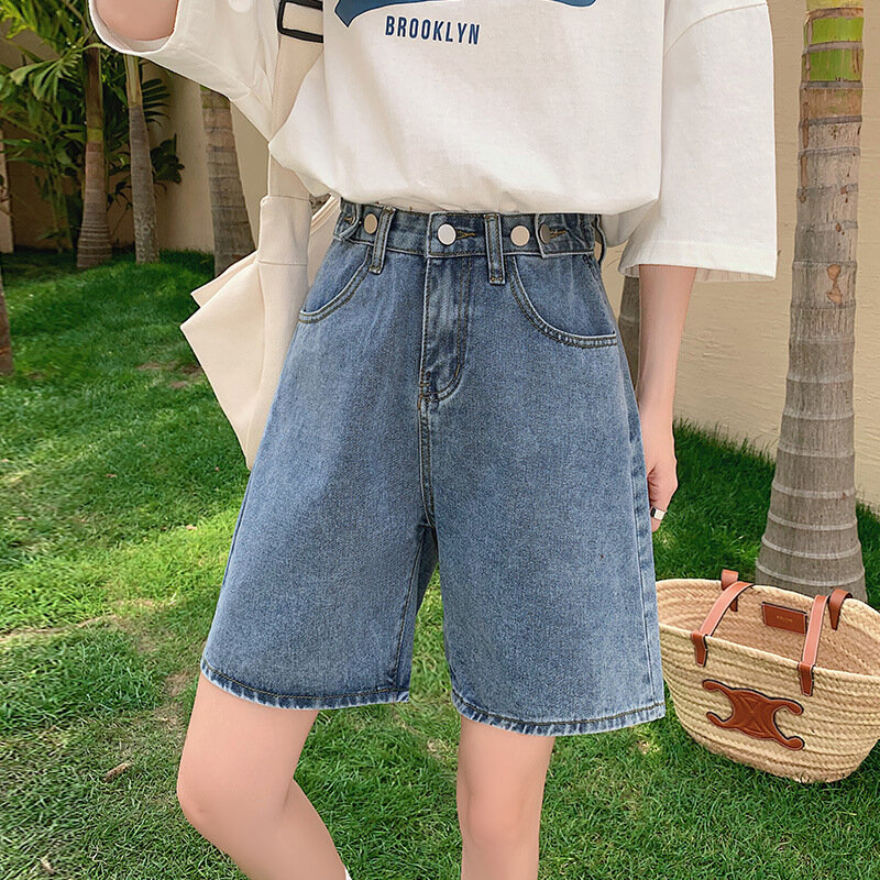 Summer's New High-waisted Slimming Straight Tube Loose Wide Leg Five Cent Denim Shorts Female