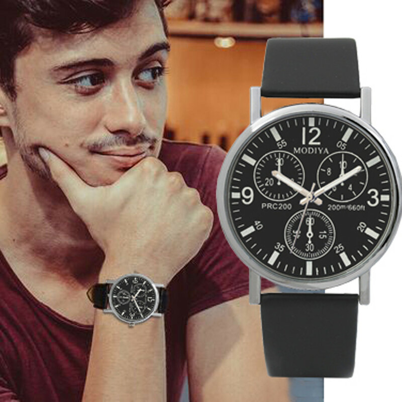Jam tangan kuarsa tiga mata untuk pria, arloji bisnis sabuk kaca biru untuk pria 2024