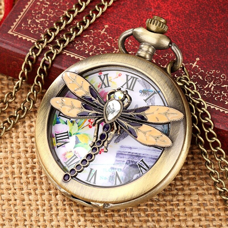 Colgante de libélula con personalidad encantadora, colgante creativo, regalo a mi novia, reloj de bolsillo con tapa hueca, diamante de color