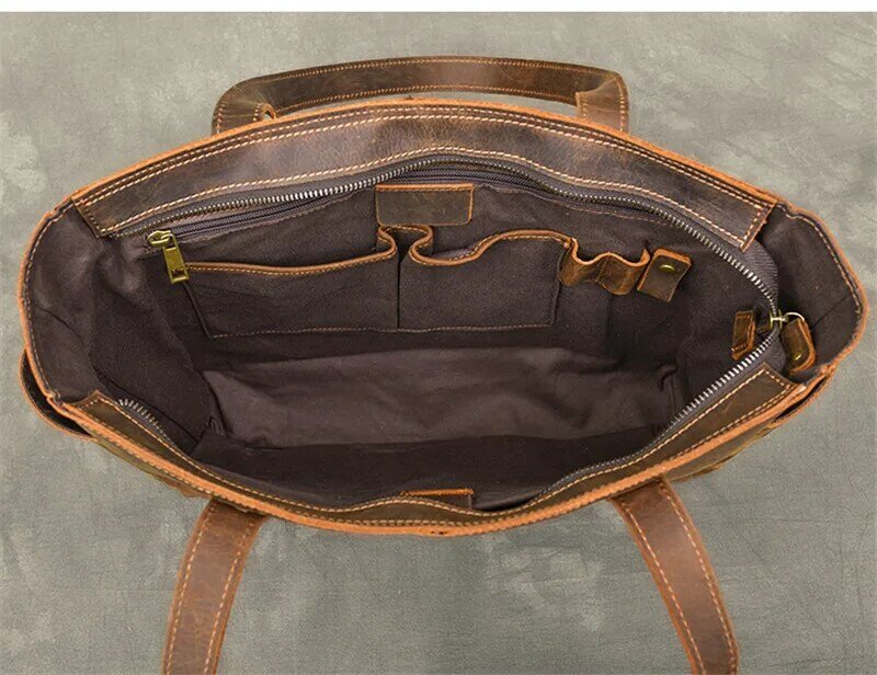 Luxury crazy horse cowhide men's handbag simple vintage tote bag fashion natural genuine leather large capacity shoulder bag