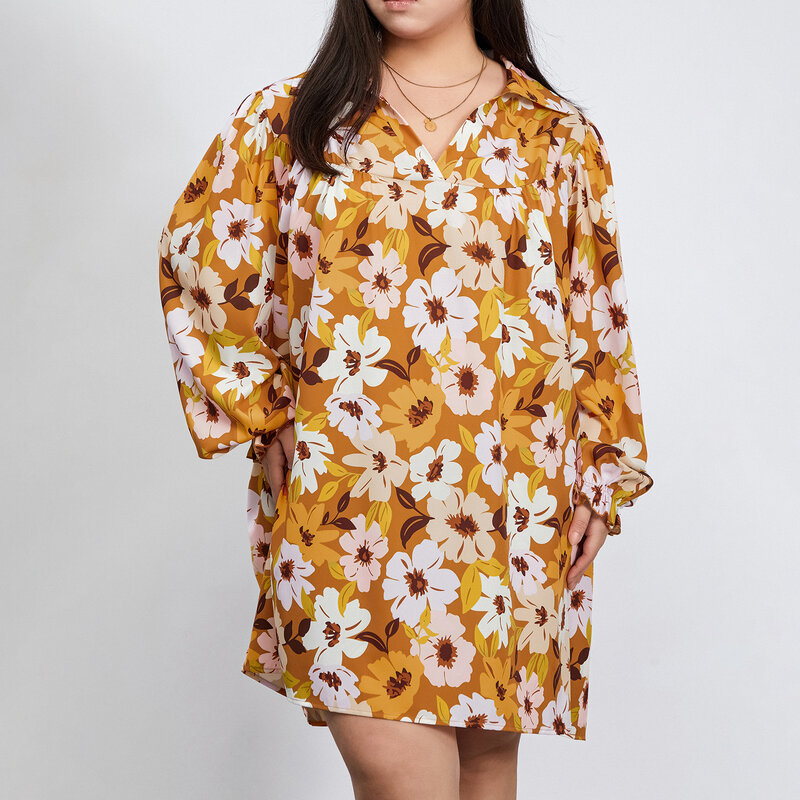 Women's Summer Shirt Dress Flower Print Long Bubble Sleeve V-Neck Loose Babydoll Dress