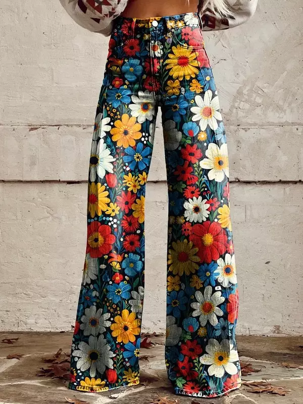 Modische florale Damen jeans koreanische elegante hoch taillierte Hose mit weitem Bein lose volle Damen lässige s-xl Faux-Jeans hose