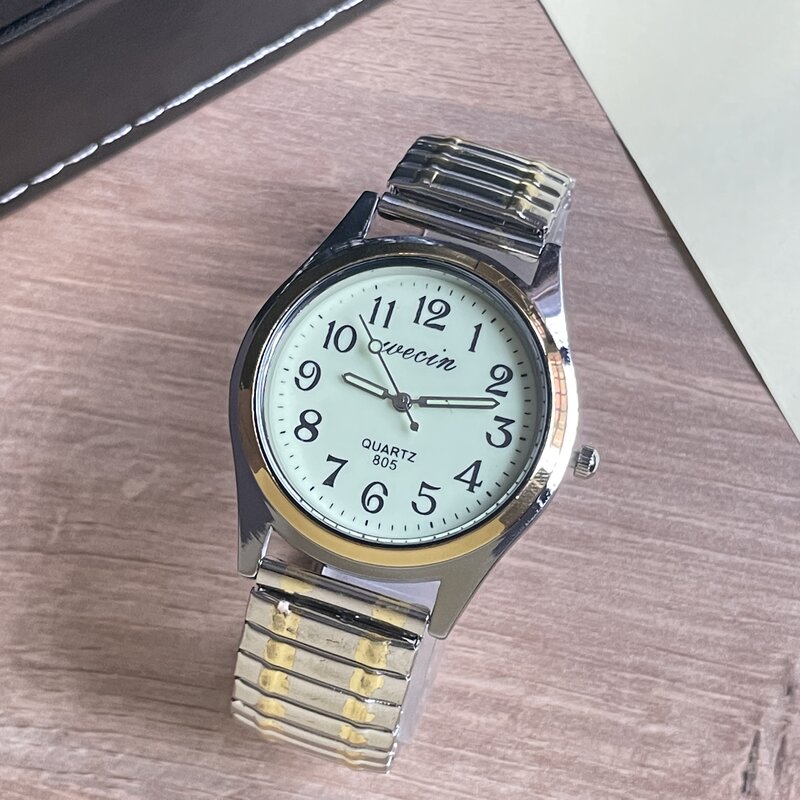 นาฬิกาควอทซ์แฟชั่นสำหรับผู้ชายและผู้หญิงสายรัดยืดหยุ่นแนวธุรกิจโลหะผสมเรืองแสง-in-the-Dark
