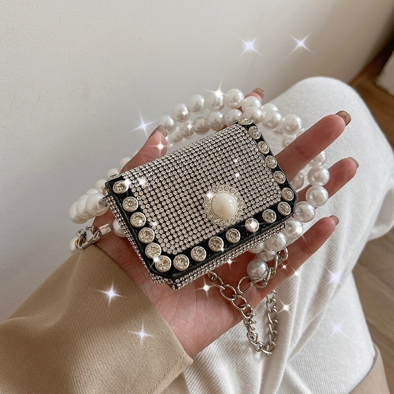 2024 modny perłowy długi łańcuszek Crossbody sakiewki na monety dla kobiet luksusowy projektant Mini torba kwadratowa szminka w stylu Vintage