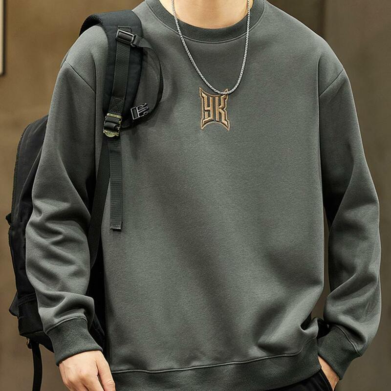 Men Casual Pullover Top Men's Crew Neck Sweatshirt with Long Sleeve Solid Color Pullover Embroidery Detail Thick Warm for Fall