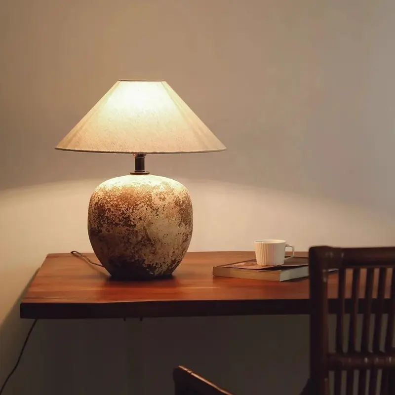 Wabi lampu meja keramik gaya kreatif Retro, lampu meja pencahayaan samping tempat tidur Jepang ruang teh antik