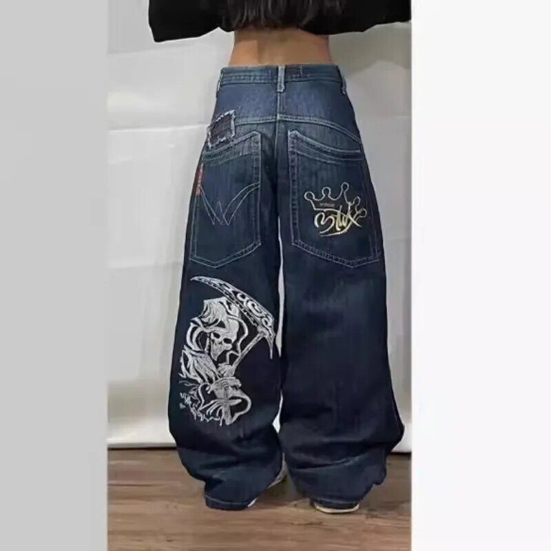 Deeptown Korean Fashion Y2K Hip Hop Street Jeans Women Goth Death Print Harajuku Vintage High Street Wide Leg Waist Denim Pants
