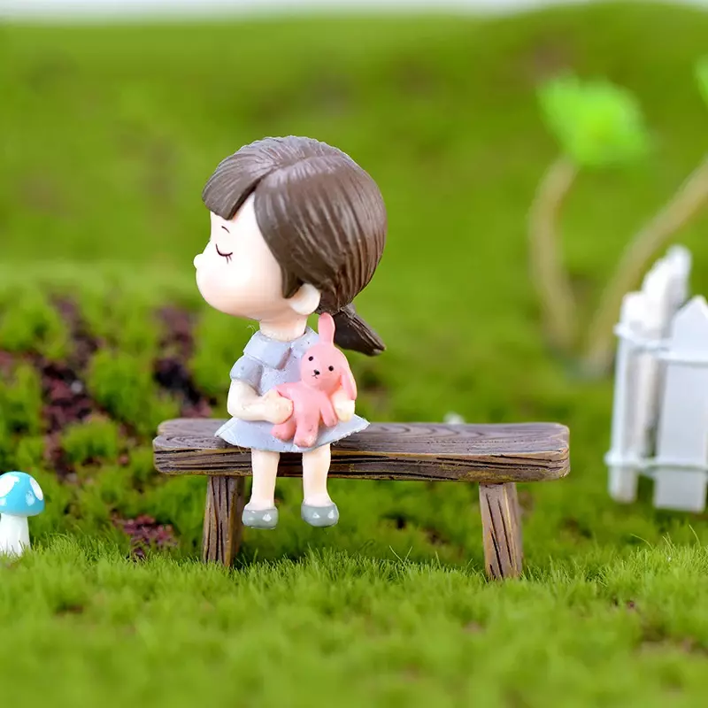 Mini drewniane ławka parkowa krzesło sukulenty Bonsai ozdoby romantyczne żywiczne miłosne stołki małe ozdoby bajkowe figurki ogrodowe lalki