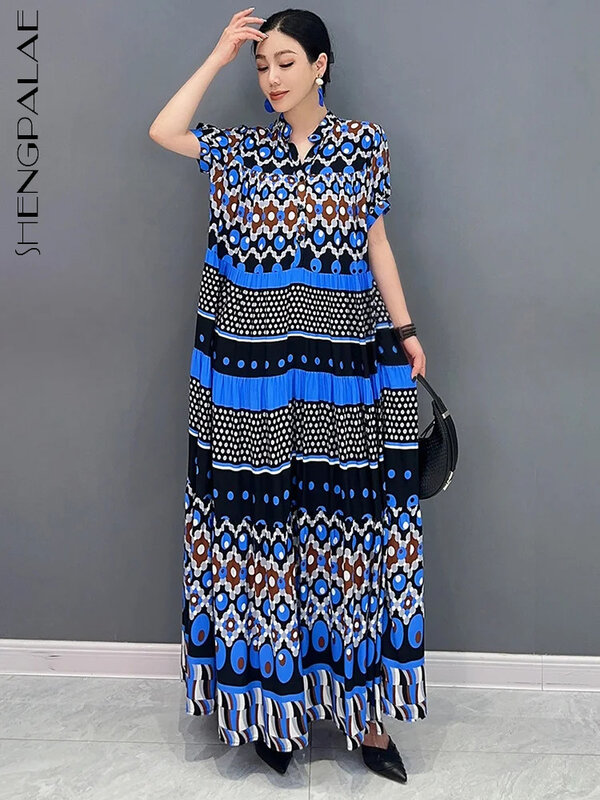 Shengpalae-長いプリントドレス、大きなスイング、100プリーツ、半袖、ゆったりとした服、5r9717、新しい春、夏、2024