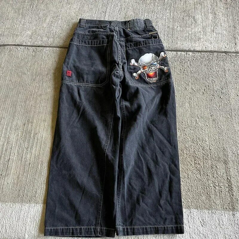2024 американские свободные джинсы JCNO мужские Y2K Ретро индивидуальные с принтом черепа в стиле Харадзюку повседневные Прямые свободные брюки для пар