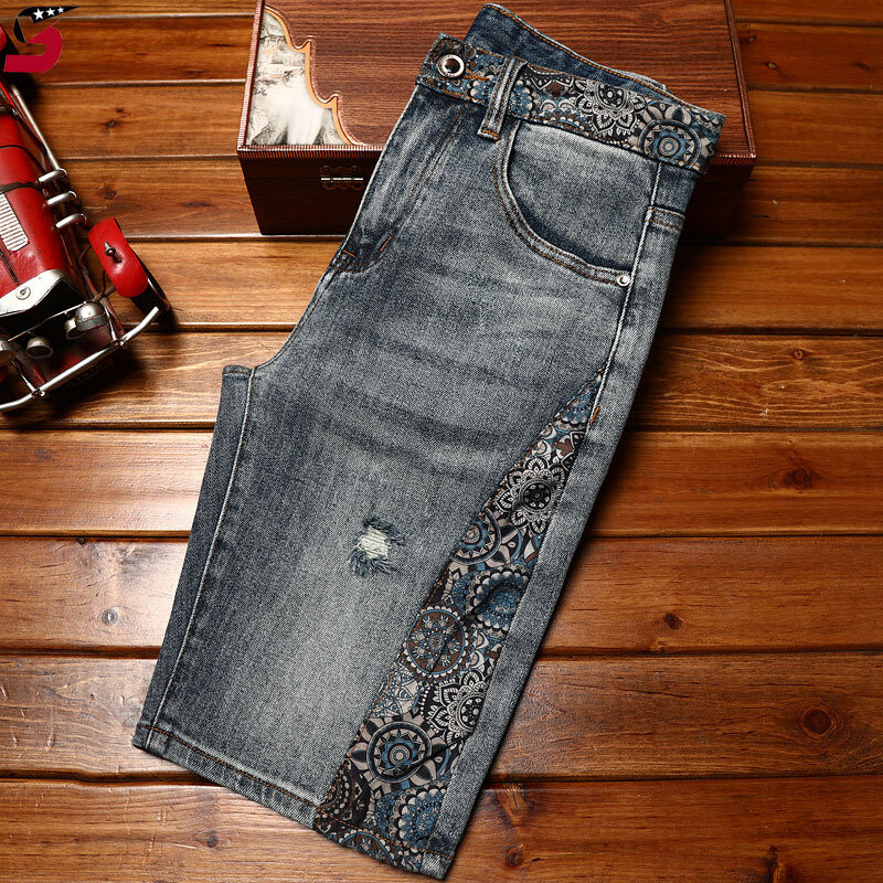 Modne spodenki jeansowe męskie letnie nadrukowana moda codzienne fajne rozciągliwe dopasowanie uliczne przycięte spodnie lata