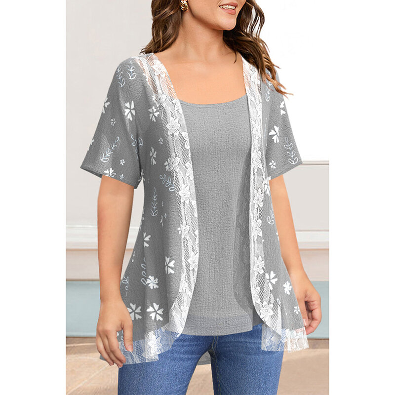 Blusa casual de linho de 2 peças com estampa floral, costura em renda, cinza, plus size