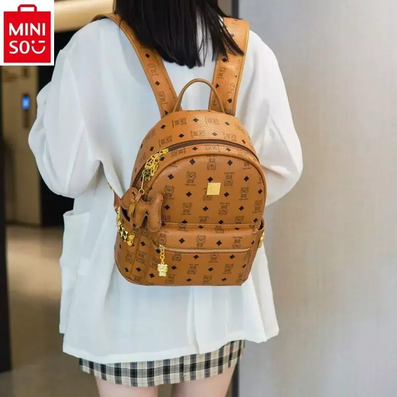 MINISO Disney Cartoon Winnie Bear Printed Backpack for Women's Fashion High Quality Large Capacity Diamond Inlaid Backpack
